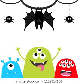 Happy Halloween. Three monster silhouette set. Head face. Hanging bat, spider insect on dash line web. Cute cartoon scary character. Blue background. Isolated. Flat design. Vector illustration