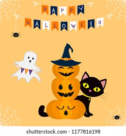Happy Halloween. Three pumpkins on each other, in the hat of a witch. The black cat sits behind the pumpkins. Reduction with flags, decoration from the web and flags, spider. Vector, flat .