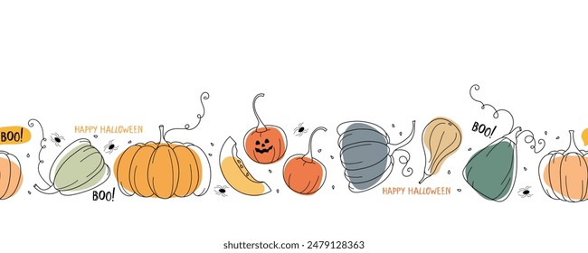 Feliz Halloween Tres calabazas sonrientes y araña, sombrero, dulces. 