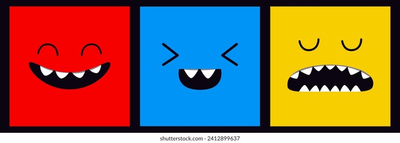 Happy Halloween. Three square monsters. Cute monster face head set line banner. Spooky Smiling Boo screaming sad face emotion. Eyes, tongue, teeth, mouse. Flat design. Black background. Vector