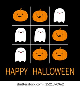 Happy Halloween. Tic tac toe game with ghost spirit and pumpkin. Cute cartoon kawaii funny character set. Greeting card. Flat design. Orange background. Isolated. Vector illustration