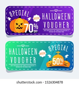 Happy Halloween ticket banner or party invitation background with pumkins. Party invitation. Ticket halloween party night invitation. Vector illustration.