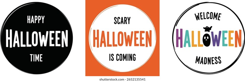 Happy Halloween Zeit rund kreative Beschriftung Schriftzug. Handgezeichnete handgeschriebene strukturierte Graffiti fett ungleichmäßig verformte Buchstaben in einer Kreisform eingeschrieben. Plakat Logo Aufkleber 