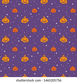 Happy Halloween tiny carving pumpkins seamless repeat vector pattern, colorful holiday background. Cute cartoon jack-o-lantern simple shapes, silhouettes with stars, sparks, sparkles dots texture.