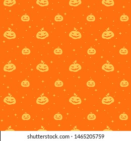 Happy Halloween tiny carving pumpkins seamless repeat vector pattern, orange holiday background. Cute cartoon jack-o-lantern simple shapes, silhouettes with stars, sparks, sparkles dots, dotty texture