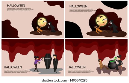 Happy Halloween Tiny People Character Concept Vector Illustration, Suitable For Wallpaper, Banner, Background, Card, Book Illustration, Web Landing Page, and Other Related Creative