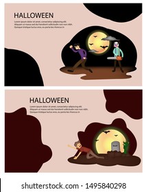 Happy Halloween Tiny People Character Concept Vector Illustration, Suitable For Wallpaper, Banner, Background, Card, Book Illustration, Web Landing Page, and Other Related Creative