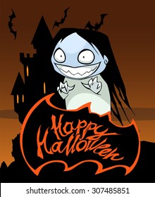 Happy Halloween title with a ghost girl