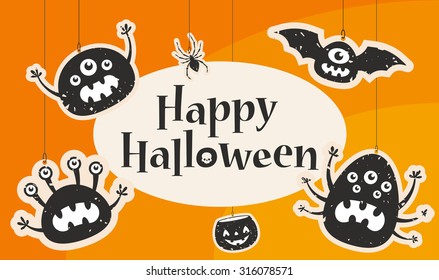 Happy Halloween Title. Scary Monsters on Background. Colorful Illustration