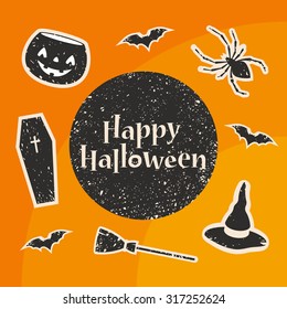 Happy Halloween Title. Stylized Decorations: Pumpkin, Bat, Spider, Witch Hat, Broom and Coffin. Vector Illustration