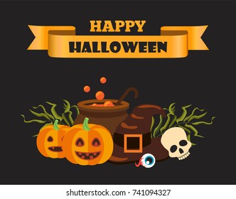 Happy halloween title written on golden ribbon, images of pumpkins with carved faces and pot, skull and eye, hat and plant vector illustration