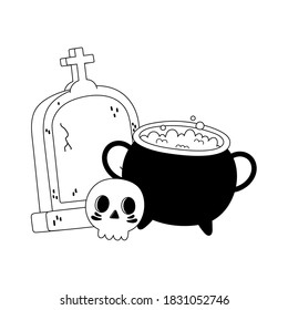 happy halloween tombstone cauldron and skull cartoon vector illustration line style