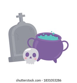 happy halloween tombstone cauldron and skull cartoon vector illustration