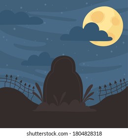 happy halloween, tombstone fence moon night clouds trick or treat party celebration background vector illustration
