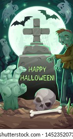 Happy halloween, tombstone on cemetery, zombie and ghosts. Vector night of horror, decay moon and bats, gravestone with cross and cobweb, hand overgrown from grave. Skull and bones at graveyard