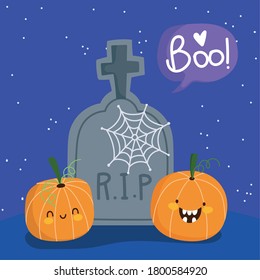 happy halloween, tombstone pumpkins and cobweb trick or treat party celebration vector illustration