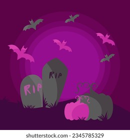 happy halloween, tombstone pumpkins, trick or treat party celebration vector illustration, pink color