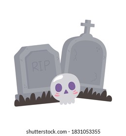 happy halloween tombstones cemetery and skull vector illustration