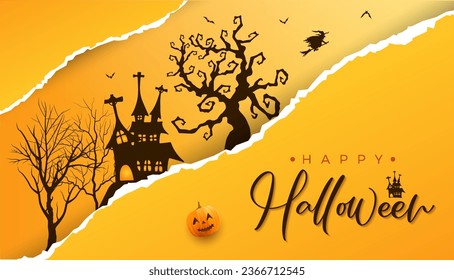 Happy halloween torn paper effect background with creepy dead tree and halloween house and halloween text