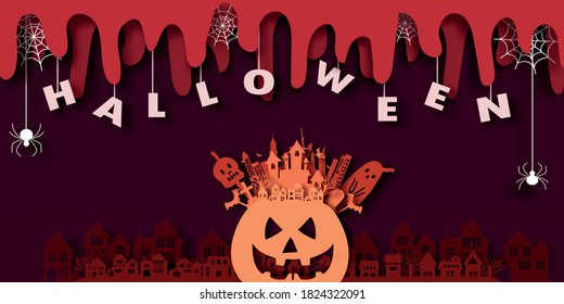 Happy Halloween Town with pumpkins spiders and castle in paper cut style. Vector illustration.	