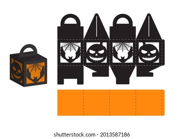Happy Halloween treat box. Gift party favor box for sweets, candies, small presents, bakery. Simple packaging die cut template for laser cut, great design for any purposes, birthdays, baby showers.