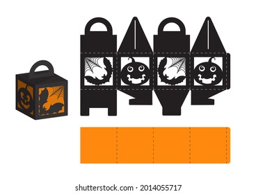 Happy Halloween treat box. Gift party favor box for sweets, candies, small presents, bakery. Simple packaging die cut template for laser cut, great design for any purposes, birthdays, baby showers.