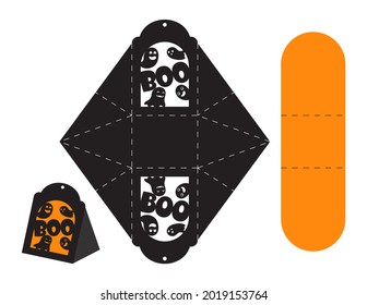 Happy Halloween treat box. Gift party favor box for sweets, candies, small presents, bakery. Simple packaging die cut template for laser cut with silhouette ghosts