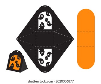 Happy Halloween treat box. Gift party favor box for sweets, candies, small presents, bakery. Simple packaging die cut template for laser cut with silhouette ghosts