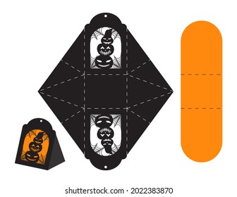 Happy Halloween treat box. Gift party favor box for sweets, candies, small presents, bakery. Simple packaging die cut template for laser cut with jack o lantern pumpkin heads.