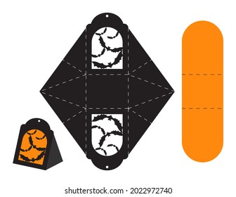 Happy Halloween treat box. Gift party favor box for sweets, candies, small presents, bakery. Simple packaging die cut template for laser cut with bats silhouette