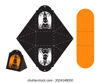 Happy Halloween treat box. Gift party favor box for sweets, candies, small presents, bakery. Simple packaging die cut template for laser cut with jack o lantern pumpkin heads.