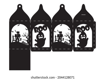 Casilla de bienvenida de Halloween. Caja de regalo para dulces, caramelos, regalos pequeños, panadería. Planilla simple de corte para corte por láser con silueta de murciélagos. Ilustración de material vectorial