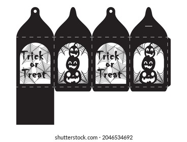 Happy Halloween treat box. Gift party favor box for sweets, candies, small presents, bakery. Simple packaging die cut template for laser cut with bats silhouette. Vector stock illustration