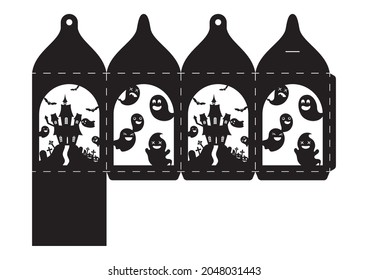 Happy Halloween treat box. Gift party favor box for sweets, candies, small presents, bakery. Simple packaging die cut template for laser cut with bats silhouette. Vector stock illustration