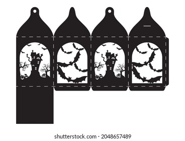 Happy Halloween treat box. Gift party favor box for sweets, candies, small presents, bakery. Simple packaging die cut template for laser cut with bats silhouette. Vector stock illustration