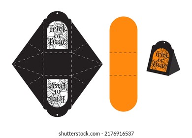 Happy Halloween treat box. Gift party favor box for sweets, candies, small presents, bakery. Simple packaging die cut template for laser cut with sign trick or treat.