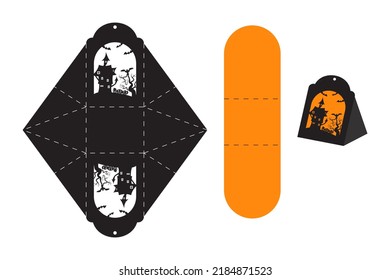 Happy Halloween Treat Box. Gift Party Favor Box For Sweets, Candies, Small Presents, Bakery. Simple Packaging Die Cut Template For Laser Cut With Trees, House And Bats.