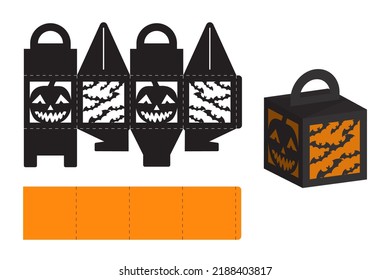 Happy Halloween treat box. Gift party favor box for sweets, candies, small presents, bakery. Simple packaging die cut template for laser cut, great design for any purposes, birthdays, baby showers.