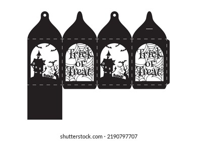 Happy Halloween treat box. Gift party favor box for sweets, candies, small presents, bakery. Simple packaging die cut template for laser cut with bats silhouette. Vector stock illustration.