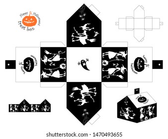 Happy Halloween treat box. Little conjuring witches. Cut out box template. Vector illustration