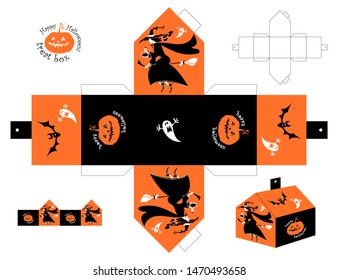 Happy Halloween treat box. Witch holding magical potion flying on broom. Cut out box template. Vector illustration