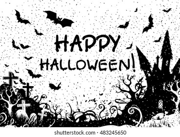 Happy Halloween! Tree, castle, grave stone and many flying bats on  abstract background.