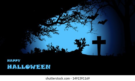 Happy Halloween, Tree, cross, bat silhouette on blue background, Horizontal background.