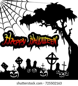 Happy Halloween! Tree, grave stone, spider web and many pumpkins.Vector illustration
