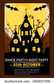 Happy Halloween with the tree, haunted house, pumpkin, full moon scene vector illustration. Flyer poster design.