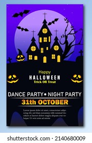 Happy Halloween with the tree, haunted house, pumpkin, full moon scene vector illustration.