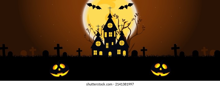 Happy Halloween with the tree, haunted house, pumpkin, full moon scene vector illustration.