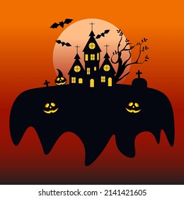 Happy Halloween with the tree, haunted house, pumpkin, full moon scene vector illustration.