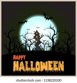 Happy Halloween with tree house and bat on blue Moon background. illustration vector