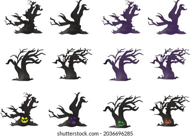 Happy Halloween tree illustration set